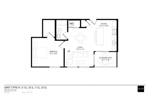 Floor plan for 1 bed, 1 bath, 739 sqft